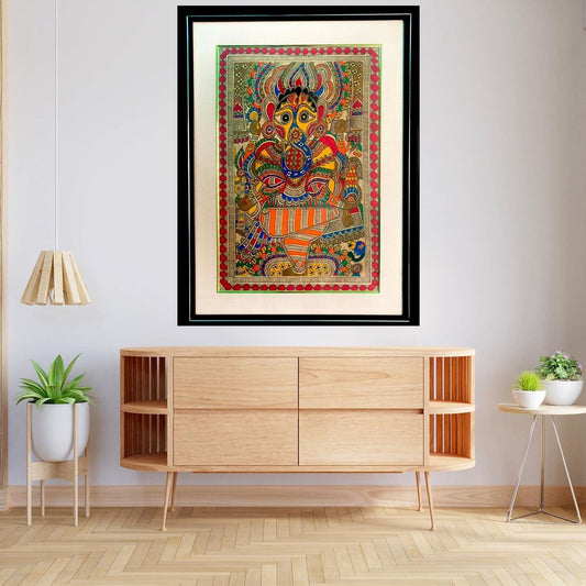 Madhubani Ganesha Painting – Framed Original Folk Art (20" × 28")