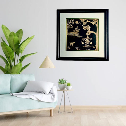 Sikki Grass Art – Framed Village Scene with Golden Motifs (16" × 16")