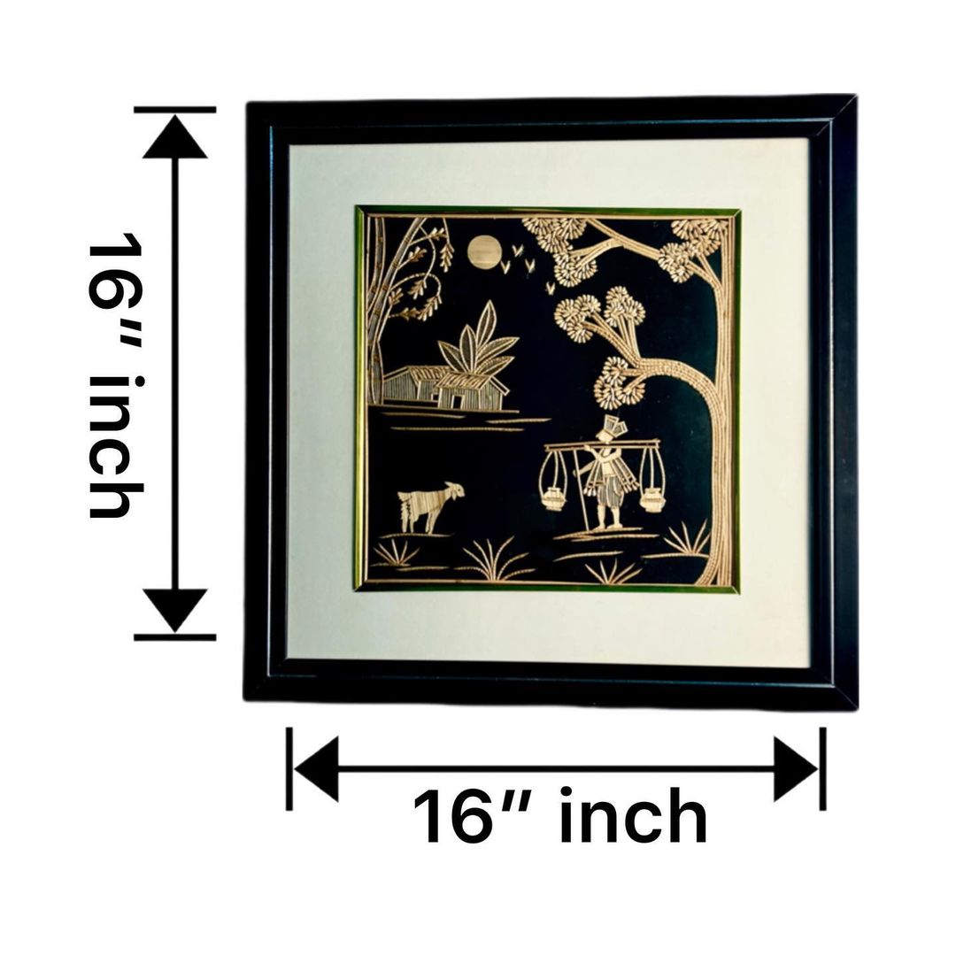 Sikki Grass Art – Framed Village Scene with Golden Motifs (16" × 16")