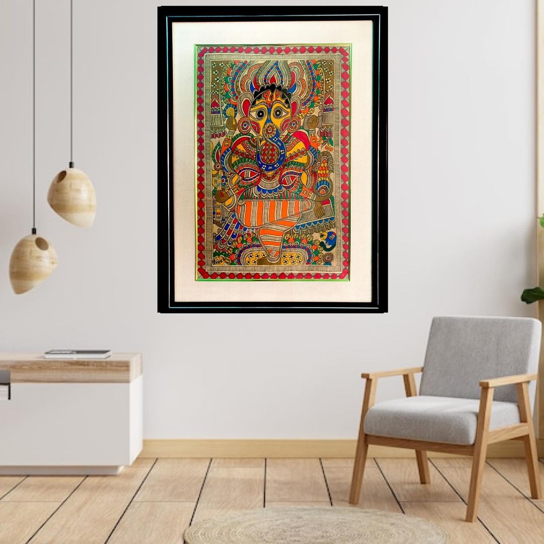 Madhubani Ganesha Painting – Framed Original Folk Art (20" × 28")