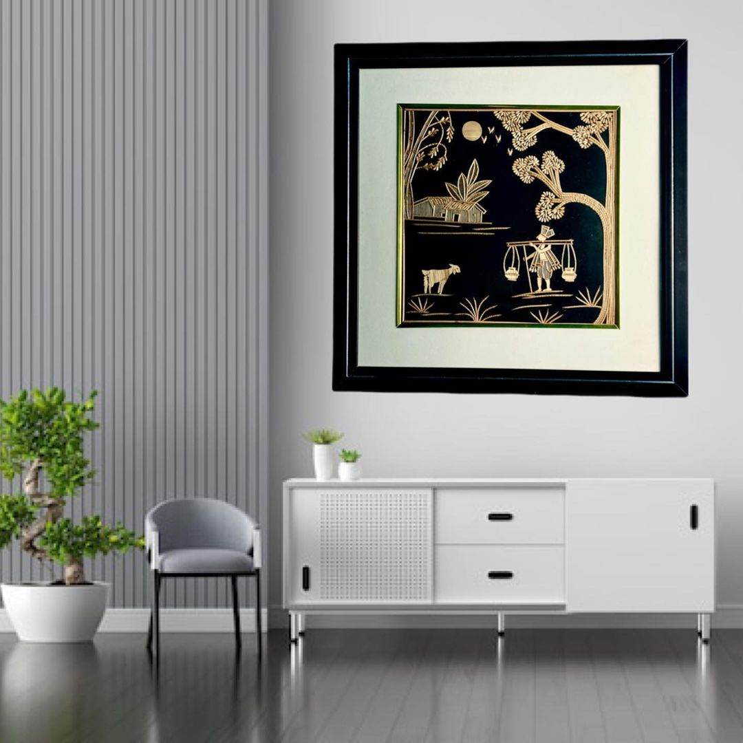 Sikki Grass Art – Framed Village Scene with Golden Motifs (16" × 16")