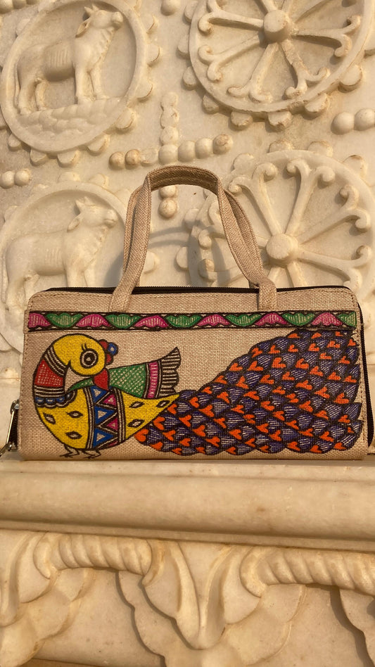 Handcrafted Madhubani Peacock Canvas Handbag