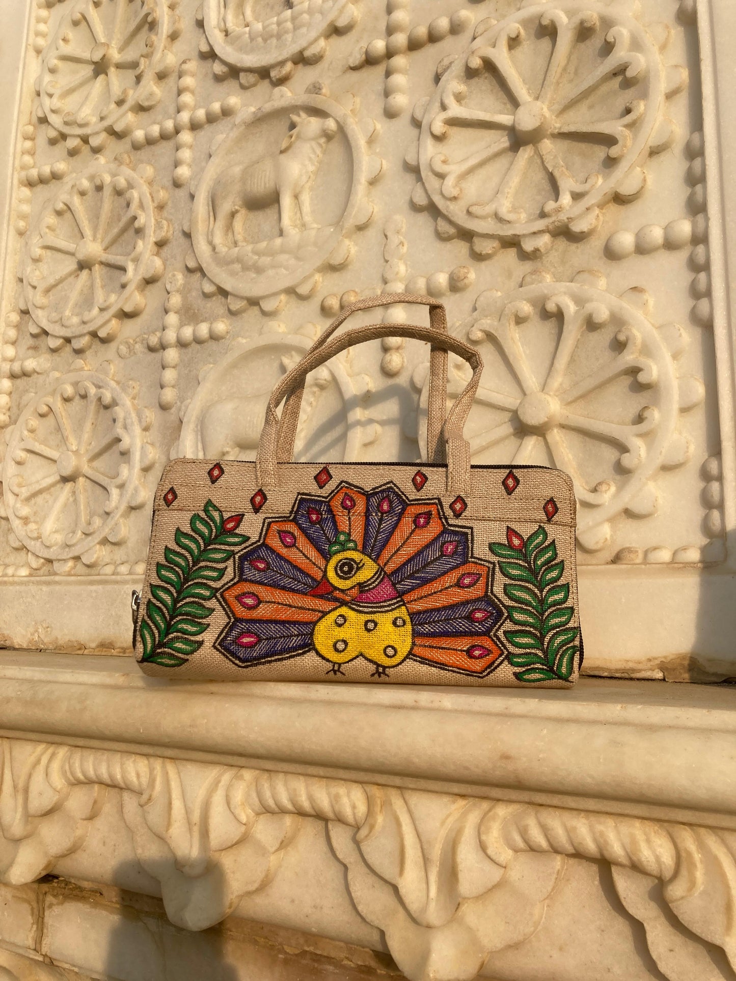 Handcrafted Madhubaniyellow Peacock Canvas Handbag