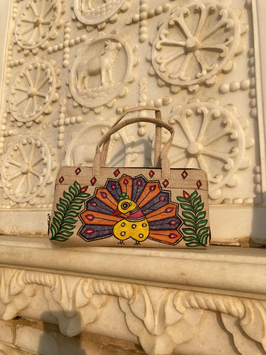 Handcrafted Madhubaniyellow Peacock Canvas Handbag