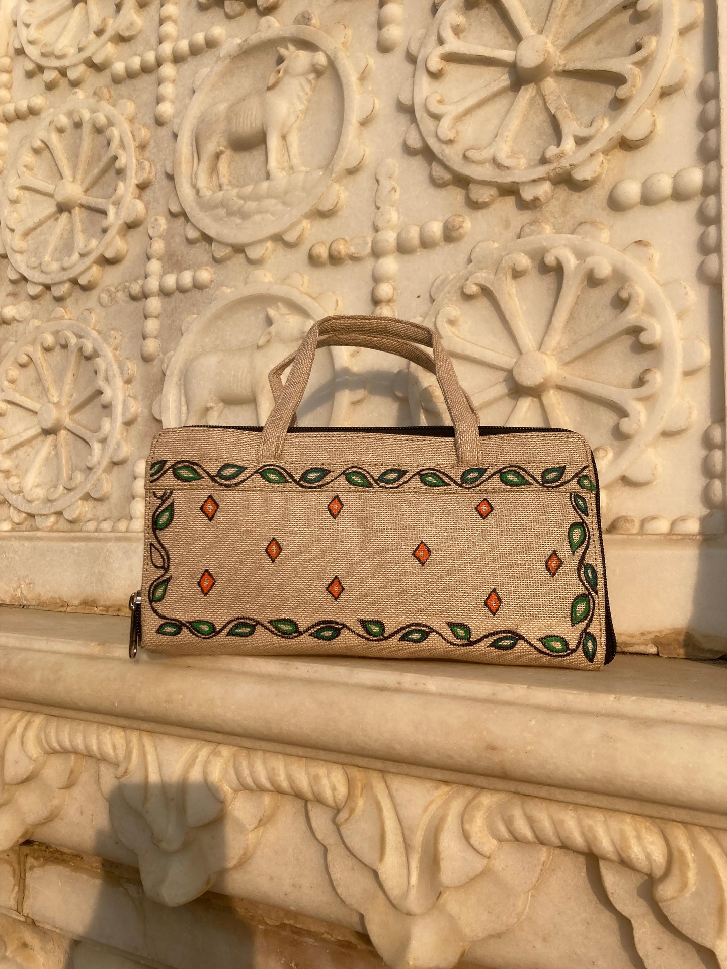 Handcrafted Madhubaniyellow Peacock Canvas Handbag