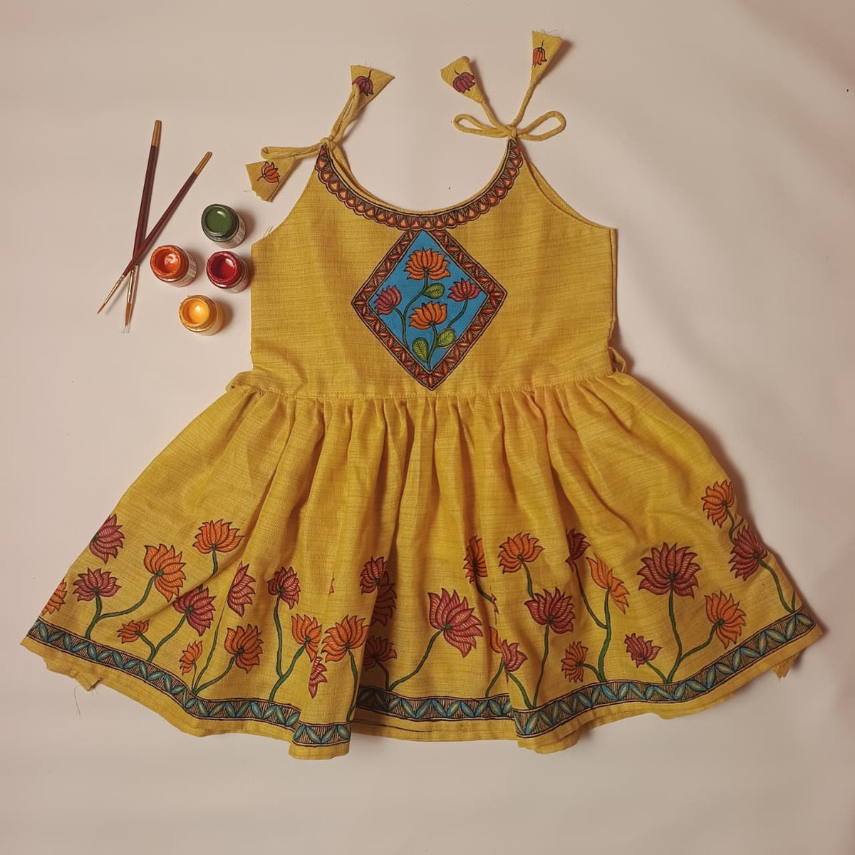 Hand-Painted Madhubani Lotus Khadi Cotton Dress | 3–4 Years