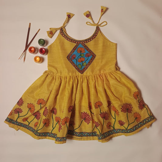 Hand-Painted Madhubani Lotus Khadi Cotton Dress | 3–4 Years