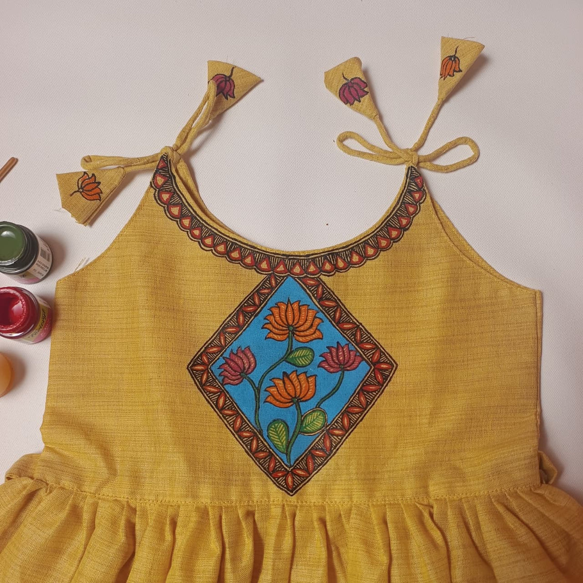 Hand-Painted Madhubani Lotus Khadi Cotton Dress | 3–4 Years