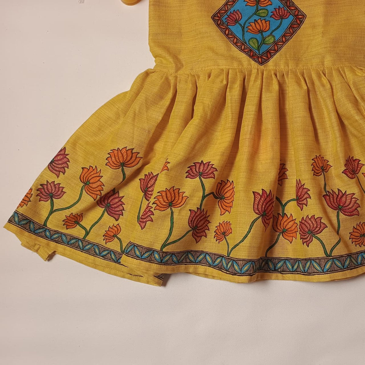 Hand-Painted Madhubani Lotus Khadi Cotton Dress | 3–4 Years